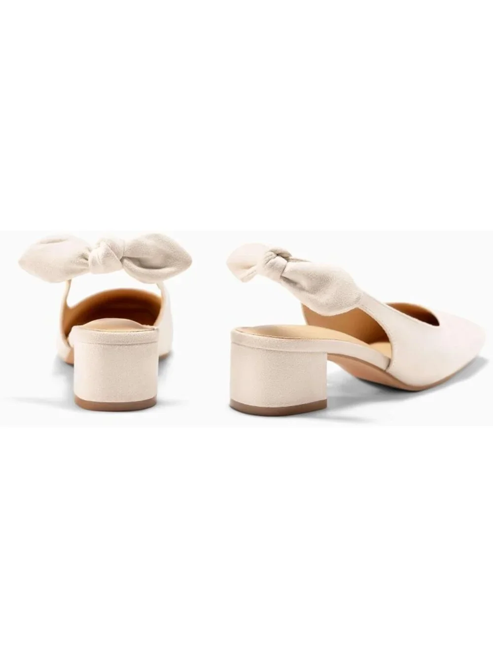 Women's Nude Faux Suede Chunky Low Heels Bow Slingback Closed Square Toe Pumps